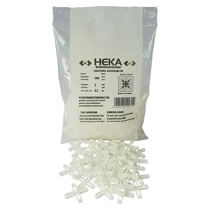Heka Fliesenkreuz - 200 Stk., Breite: 5 mm - Eine Packung HEKA Fliesenabstandshalter, die für gleichmäßige Fugenabstände zwischen Fliesen sorgen.