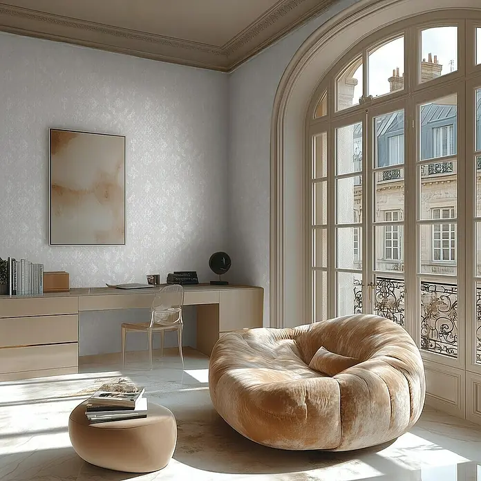 A.S. Création Metropolitan Stories Hot Spots Vliestapete - Grau-Silber-Metallic, Ornament, 10,05 x 0,53 m - Elegantes Interieur mit einem komfortablen, beigen Sitzsack, der zum Entspannen einlädt, vor einem hellen Fenster.