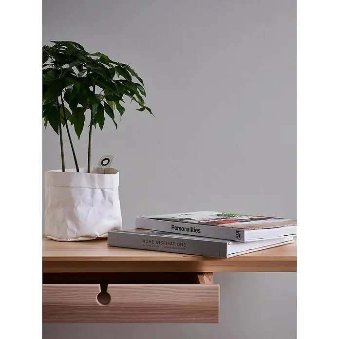 A.S. Création Maison Charme Vliestapete - Mittelgrau, Uni, 10,05 x 0,53 m - Nahaufnahme eines eleganten Holzschreibtischs mit einer Pflanze im Papierkorb und zwei Büchern, der perfekte minimalistische Arbeitsbereich.