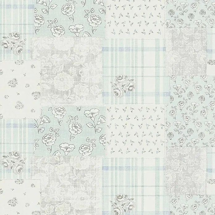 A.S. Création Maison Charme Vliestapete Blümchen-Collage - Blau-Grau-Weiß, Floral, 10,05 x 0,53 m - Patchwork-Design mit floralen und karierten Mustern in sanften Pastelltönen, ideal für Wohntextilien und Dekorationen.