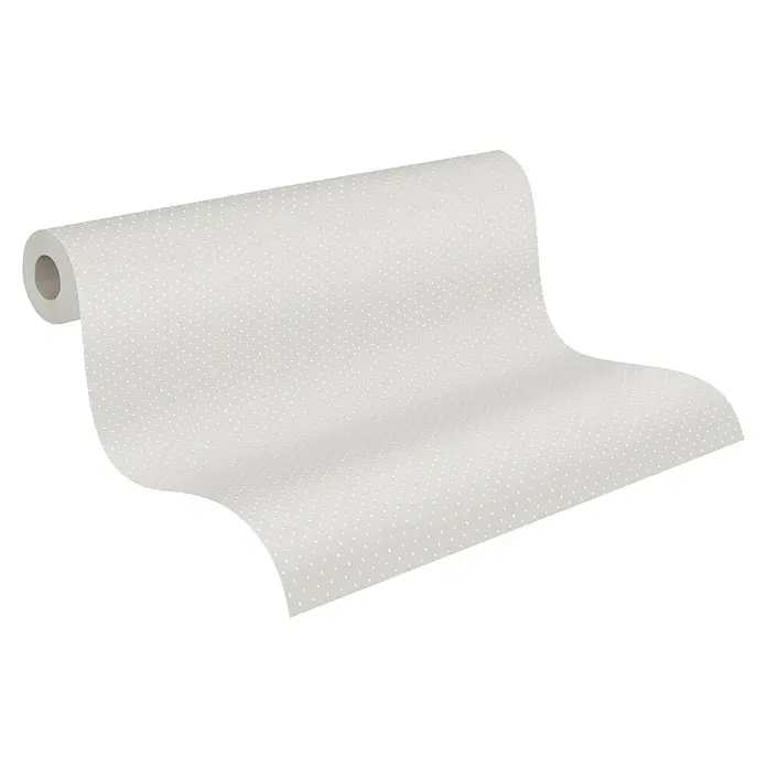 A.S. Création Maison Charme Vliestapete Punkte - Grau-Weiß, Grafisch, 10,05 x 0,53 m - Nahaufnahme einer Rolle weißes Tupfenmusterpapier, ideal für Bastelarbeiten oder Wanddekoration.