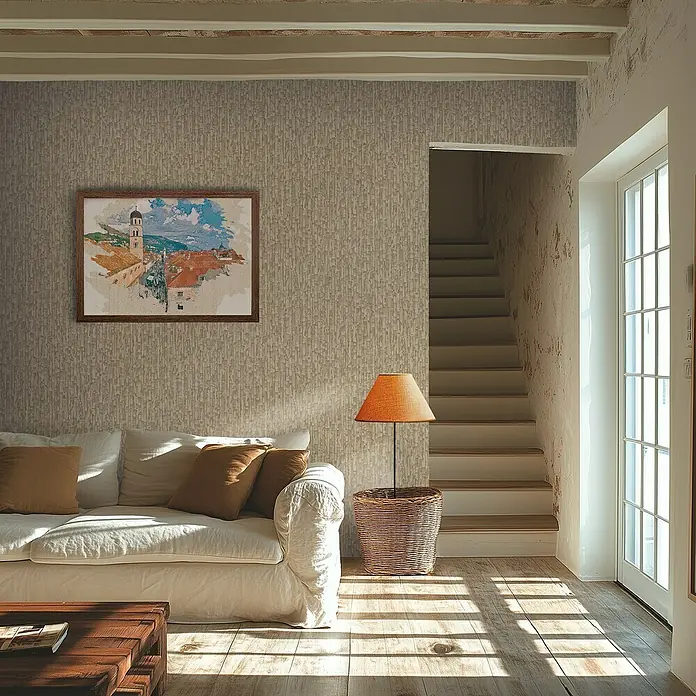 A.S. Création Metropolitan Stories Hot Spots Vliestapete Grafik - Beige-Grau-Metallic, Grafisch, 10,05 x 0,53 m - Gemütliches Wohnzimmer mit einer stilvollen Stehlampe in einem Korb und einem bequemen Sofa mit Kissen.