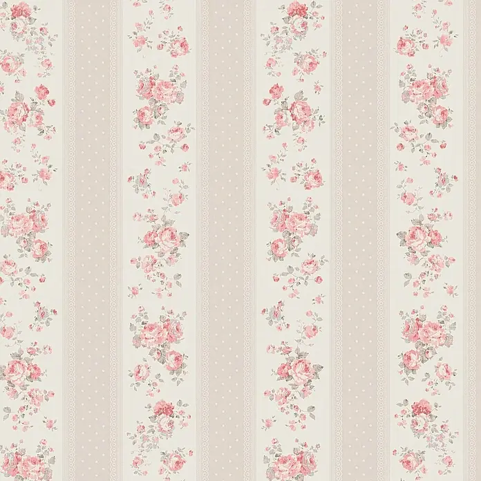 A.S. Création Maison Charme Vliestapete Vertikale Blümchen - Grau-Rot-Weiß, Floral, 10,05 x 0,53 m - Ein wunderschönes Tapetenmuster mit pinkfarbenen Rosen und zarten Akzenten, ideal für elegante Raumgestaltung.