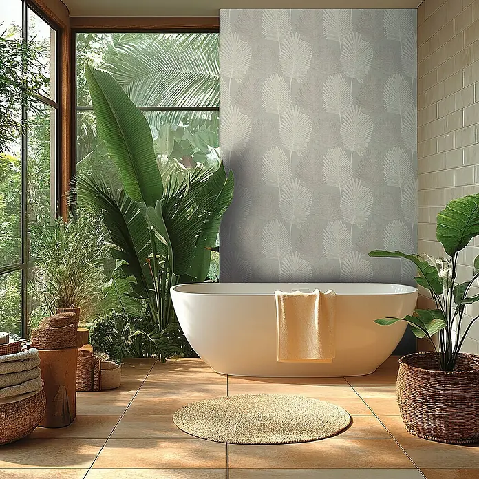 A.S. Création Metropolitan Stories Hot Spots Vliestapete Blätter - Grau-Hellgrau-Metallic, Floral, 10,05 x 0,53 m - Elegantes Badezimmer mit freistehender Badewanne, natürlichen Elementen und beruhigendem Pflanzenmuster für eine entspannende Atmosphäre.
