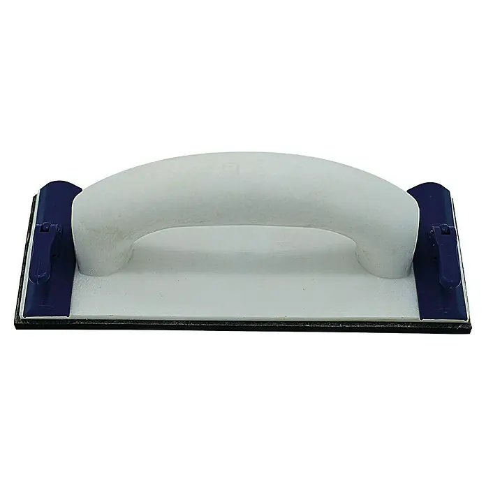 Heka Handschleifer - 240 x 93 mm - Nahaufnahme eines Schleifklotzes mit weißem Griff und blauen Klemmen zur Befestigung von Schleifpapier.