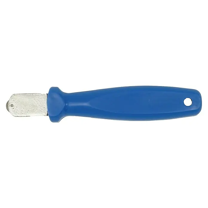 Heka Handfliesenschneider - Material Rad: Hartmetall - Nahaufnahme eines Werkzeugs mit blauem Griff und silberner Metallklinge, das sich ideal für präzise Schneidarbeiten eignet.
