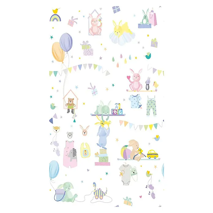 A.S. Création The Wall 2 Fototapete Tiermotiv - B x H: 159 x 280 cm, Vlies - Niedliche Illustration eines Babyprodukts mit Hasen, Spielzeug und Ballons, ideal für Kinderzimmerdekoration oder Babyartikel.