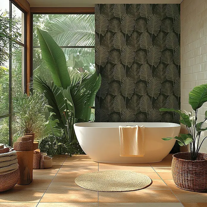 A.S. Création Metropolitan Stories Hot Spots Vliestapete Blätter - Schwarz-Beige-Metallic, Floral, 10,05 x 0,53 m - Freistehende Badewanne in einem Badezimmer mit Pflanzen und natürlichem Licht.
