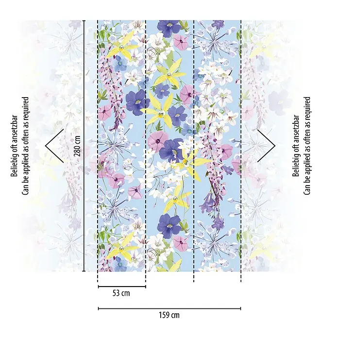 A.S. Création The Wall 2 Fototapete Blumen II - B x H: 159 x 280 cm, Vlies - Eine Fototapete mit einem floralen Muster in Blau, Gelb und Lila. Die Tapete ist 159 cm breit und 280 cm hoch und kann beliebig oft angesetzt werden.