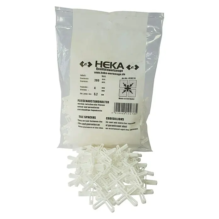 Heka Fliesenkreuz - 200 Stk., Breite: 4 mm - Produktbild eines Beutels mit HEKA Fliesenabstandshaltern, die für gleichmäßige Fugenabstände beim Fliesenlegen sorgen, ideal für präzise Ergebnisse.