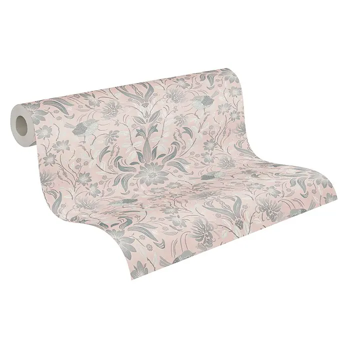 A.S. Création Maison Charme Vliestapete Blumen - Rosa-Grau-Weiß, Floral, 10,05 x 0,53 m - Eine Rolle rosa Tapete mit einem eleganten Blumen- und Vogelmuster. Ideal für eine stilvolle Wandgestaltung mit floralem Akzent.