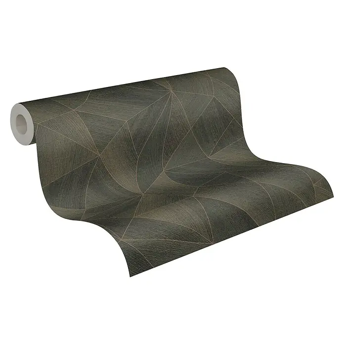 A.S. Création Daniel Hechter 7 Vliestapete Grafische Dreiecke - Anthrazit-Grün-Bronze, Grafisch, 10,05 x 0,53 m - Bild eines Rollen-Tapetenprodukts mit einem geometrischen Muster, das eine moderne und stilvolle Option für die Wanddekoration darstellt.