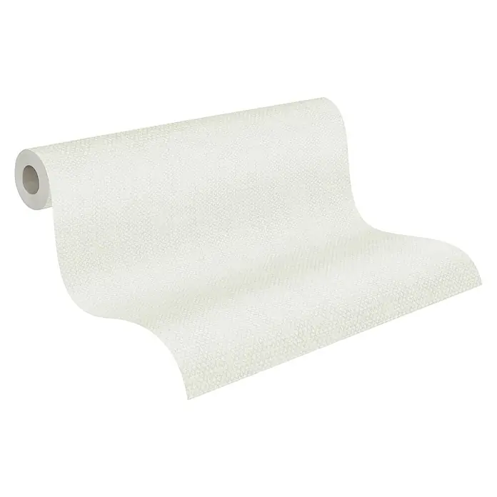 A.S. Création Maison Charme Vliestapete Kleinmuster - Grau-Weiß, Uni, 10,05 x 0,53 m - Nahaufnahme einer Rolle weißer Strukturtapete, die ausgerollt ist und ihre feine Textur zeigt, ideal für moderne Raumgestaltung.