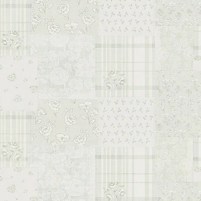 A.S. Création Maison Charme Vliestapete Blümchen-Collage - Grau-Weiß, Floral, 10,05 x 0,53 m - Patchwork-Tapete mit floralen und gestreiften Mustern in sanften, neutralen Farbtönen, die eine beruhigende und elegante Atmosphäre schafft.
