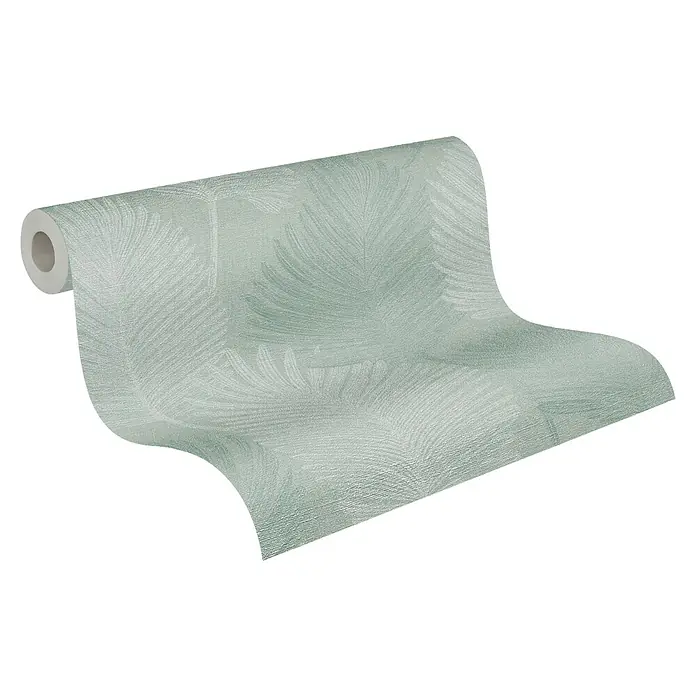 A.S. Création Metropolitan Stories Hot Spots Vliestapete Blätter - Grün-Hellgrau-Mint, Floral, 10,05 x 0,53 m - Eine Rolle hellgrüner Tapete mit Blattmuster, die sich auf einem Untergrund mit grauem Verlauf abwickelt. Ideal für Wohnraumgestaltung.