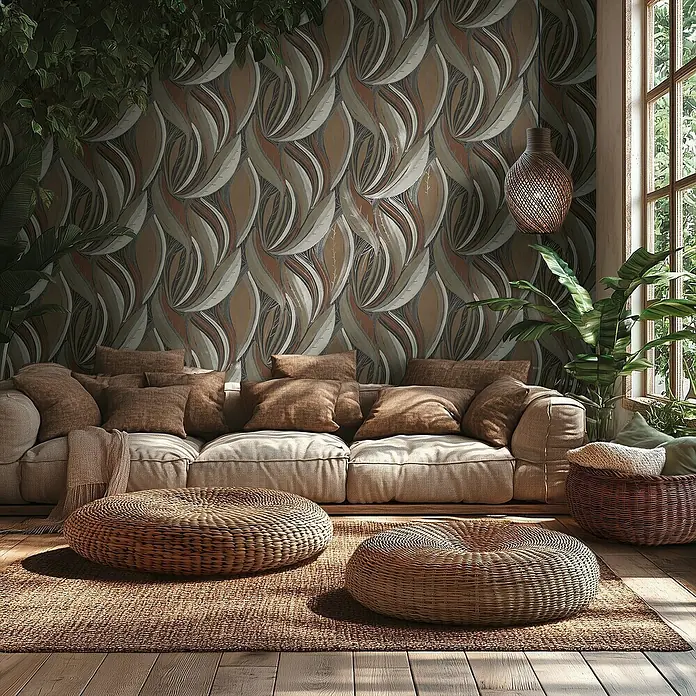A.S. Création Metropolitan Stories Hot Spots Vliestapete Floral - Braun-Schwarz-Grau, Floral, 10,05 x 0,53 m - Wohnzimmer mit braunem Sofa, Kissen, Ottomanen und Wandtapete in organischem Muster für ein gemütliches Ambiente.