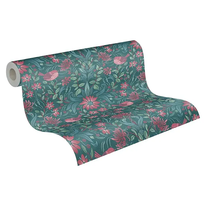 A.S. Création Maison Charme Vliestapete Blumen - Dunkelgrün-Pink-Petrol, Floral, 10,05 x 0,53 m - Eine Rolle floral gemusterte Tapete mit Vogelmotiven, die ein elegantes und ansprechendes Design für die Raumgestaltung bietet.