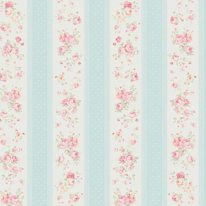 A.S. Création Maison Charme Vliestapete Vertikale Blümchen - Blau-Weiß-Rosa, Floral, 10,05 x 0,53 m - Florale Tapete mit Streifenmuster und Rosen in Rosa- und Pastelltönen für ein romantisches Ambiente.