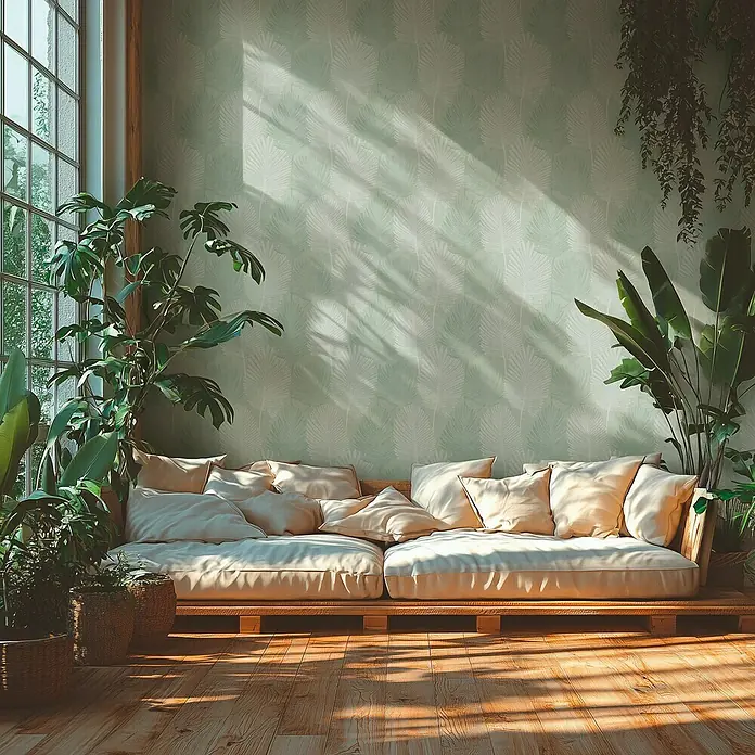 A.S. Création Metropolitan Stories Hot Spots Vliestapete Blätter - Grün-Hellgrau-Mint, Floral, 10,05 x 0,53 m - Ein gemütliches Palettensofa mit beigen Kissen in einem hellen, grünen Raum mit vielen Pflanzen.
