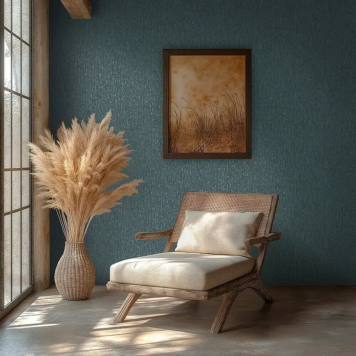 A.S. Création Metropolitan Stories Hot Spots Vliestapete Grafik - Blau-Gold-Metallic, Grafisch, 10,05 x 0,53 m - Einladendes Interieur mit Rattan-Sessel und dekorativem Pampasgras, das eine entspannende Atmosphäre in einem stilvollen Raum schafft.