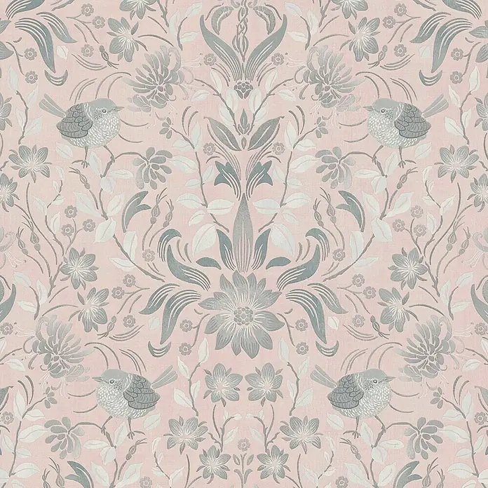 A.S. Création Maison Charme Vliestapete Blumen - Rosa-Grau-Weiß, Floral, 10,05 x 0,53 m - Elegante Tapete mit Vogel- und Blumenmuster in zarten Rosa- und Grautönen, die jedem Raum eine stilvolle und beruhigende Atmosphäre verleiht.