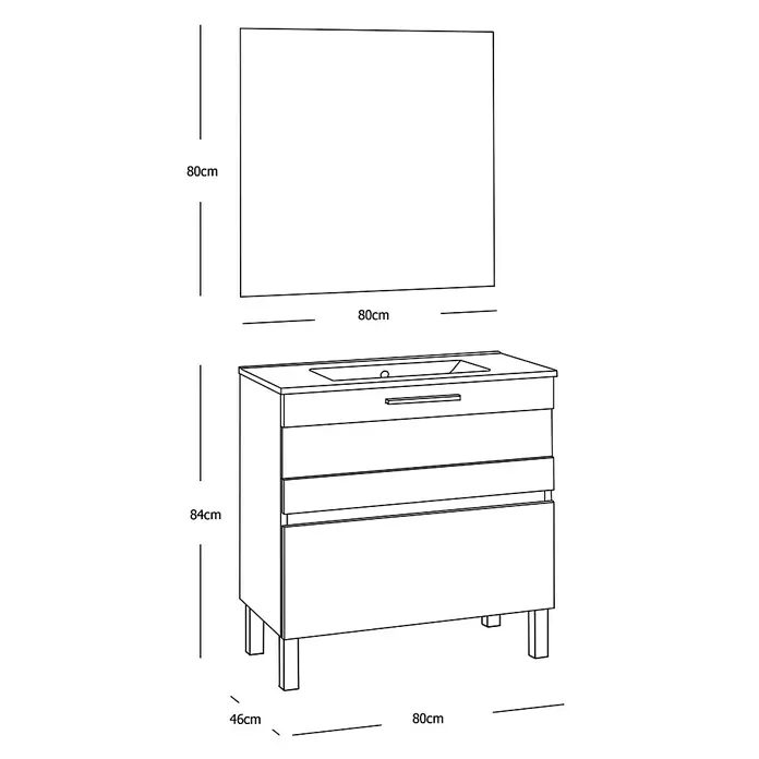 Mueble bajo de lavabo Isa - An x Pr x Al: 80 x 46 x 84 cm, Blanco - Imagen de un mueble de lavabo con espejo, dimensiones 80x80 cm (espejo), 84 cm de altura, 80x46 cm de profundidad. Mueble de baño de diseño minimalista.