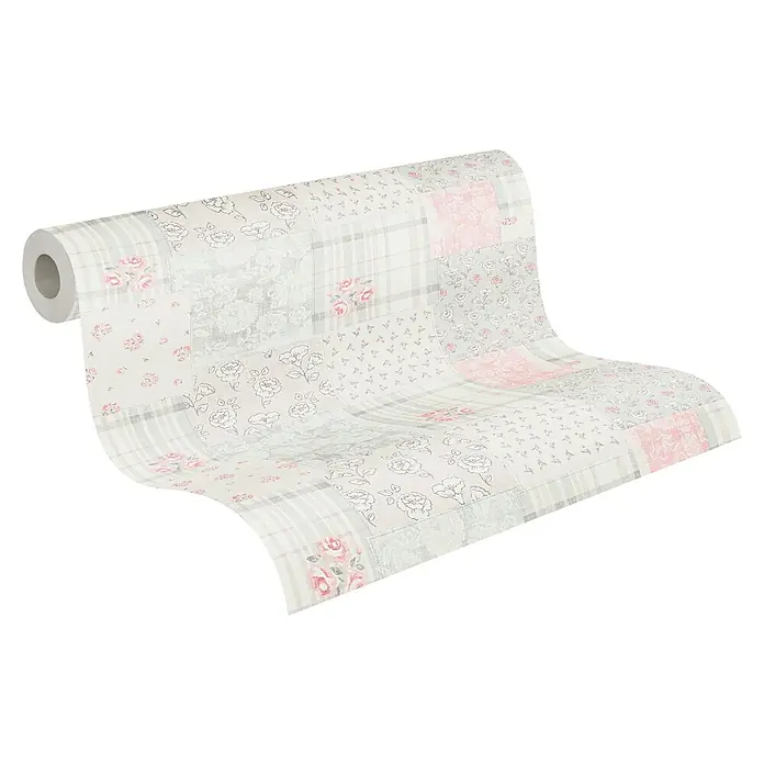 A.S. Création Maison Charme Vliestapete Blümchen-Collage - Grau-Rot-Weiß, Floral, 10,05 x 0,53 m - Rolle floral gemusterter Tapete mit einem Patchwork-Design aus Rosen und Karos für die individuelle Raumgestaltung.