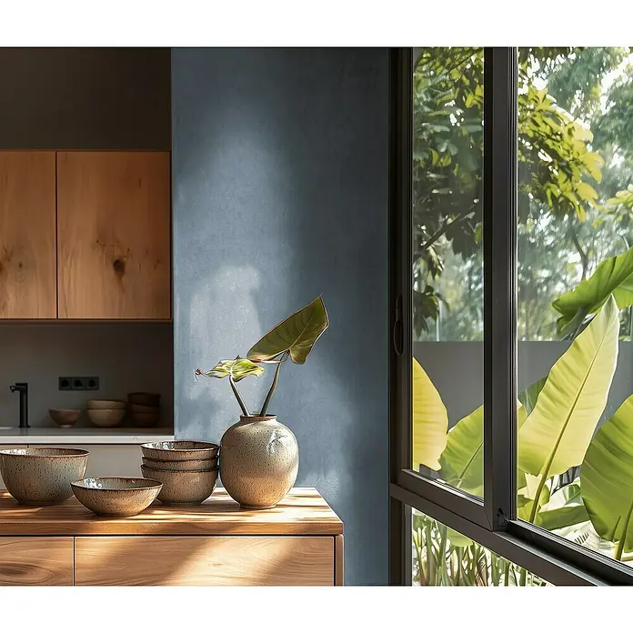 A.S. Création Metropolitan Stories Hot Spots Vliestapete - Blau, Uni, 10,05 x 0,53 m - Einrichtung mit handgefertigten Keramikschalen und einer Vase auf einem Holztisch, ergänzt durch natürliche Elemente und eine ruhige Farbpalette.