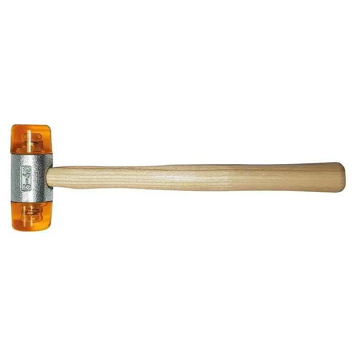 Heka Schonhammer - 550 g, Eschenholz, Durchmesser Kopf: 40 mm - Ein Gummihammer mit einem orangefarbenen Gummikopf und einem Holzgriff, der ideal für schonende Arbeiten ist.