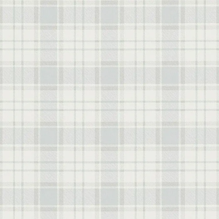 A.S. Création Maison Charme Vliestapete Karo - Blau-Grau-Weiß, Grafisch, 10,05 x 0,53 m - Detailansicht eines Stoffmusters mit einem sanften, karierten Muster in Weiß- und Grautönen, ideal für Wohntextilien und Bekleidung.