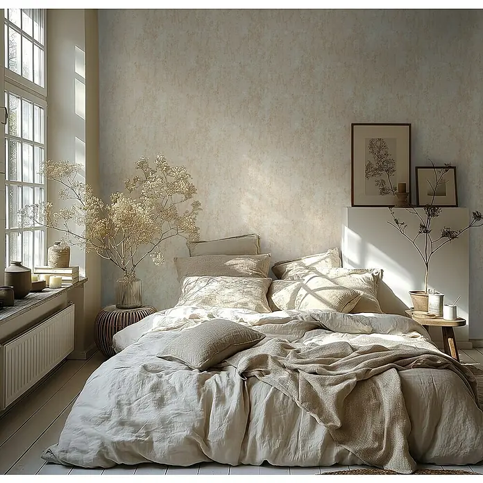 A.S. Création Metropolitan Stories Hot Spots Vliestapete Putzstruktur - Creme-Beige-Metallic, Steinoptik, 10,05 x 0,53 m - Helle Schlafzimmereinrichtung mit bequemen Kissen und Bettwäsche in natürlichen Farbtönen. Perfekt für eine entspannende und stilvolle Raumatmosphäre.