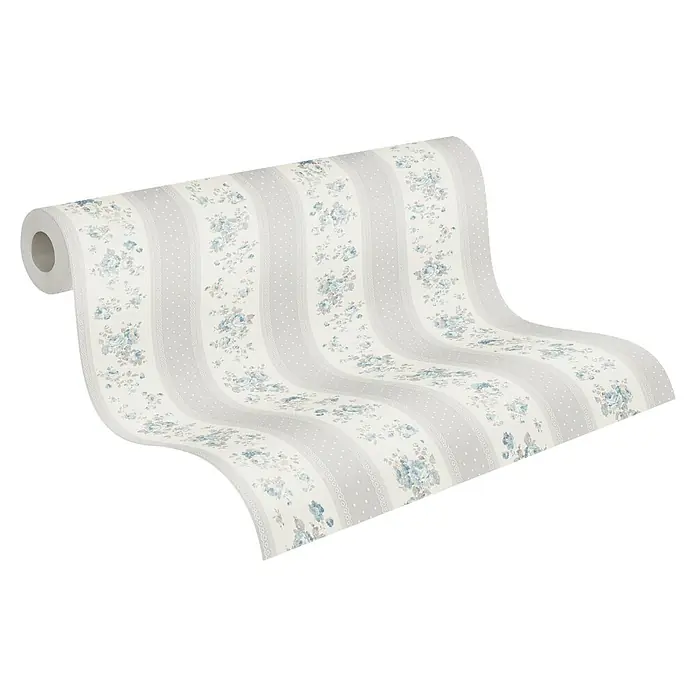 A.S. Création Maison Charme Vliestapete Vertikale Blümchen - Grau-Blau-Weiß, Floral, 10,05 x 0,53 m - Abbildung einer Rolle floral gemusterter Tapete. Die Tapete hat ein elegantes Blumenmuster in Blautönen und zarten Details.
