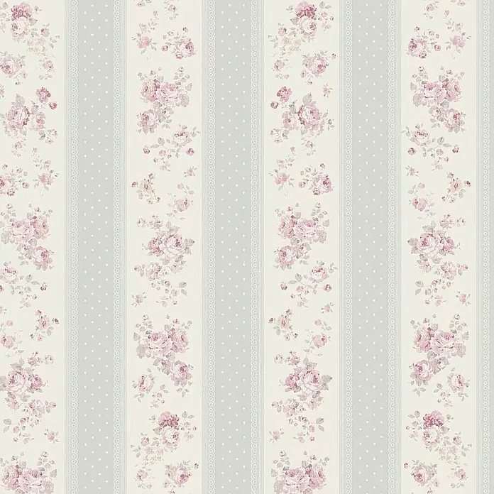 A.S. Création Maison Charme Vliestapete Vertikale Blümchen - Grau-Weiß-Violett, Floral, 10,05 x 0,53 m - Florale Tapete mit Streifenmuster in Rosa und Grau für ein elegantes Raumambiente.