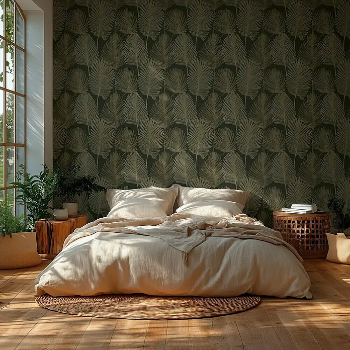 A.S. Création Metropolitan Stories Hot Spots Vliestapete Blätter - Schwarz-Beige-Metallic, Floral, 10,05 x 0,53 m - Schlafzimmer mit Kingsize-Bett, zwei Nachttischen und einem großen Fenster, das Sonnenlicht hereinlässt, für eine entspannte Atmosphäre.