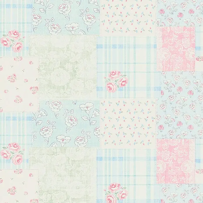 A.S. Création Maison Charme Vliestapete Blümchen-Collage - Blau-Rosa-Weiß, Floral, 10,05 x 0,53 m - Ein charmanter Patchwork-Tapetenentwurf mit Blumen-, Rosen- und Karomustern in sanften Pastelltönen für ein gemütliches Ambiente.