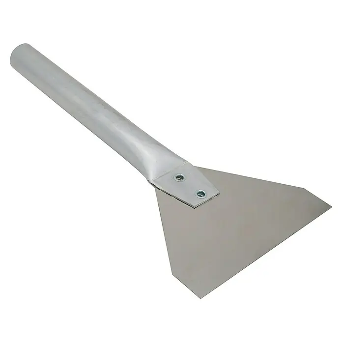 Heka Rohrspachtel - Breite: 180 mm, Rostfrei - Ein Putzmesser mit einem silberfarbenen Metallgriff und einer trapezförmigen Klinge, die sich ideal für Reinigungsarbeiten eignet.