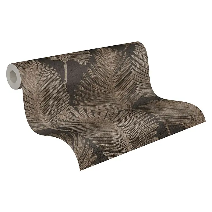 A.S. Création Metropolitan Stories Hot Spots Vliestapete Blätter - Schwarz-Beige-Metallic, Floral, 10,05 x 0,53 m - Eine Rolle dunkler Tapete mit einem braunen, gefiederten Muster, das eine elegante und natürliche Note in jeden Raum bringt.