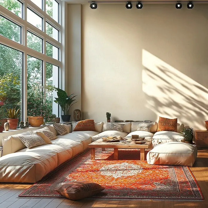 A.S. Création Metropolitan Stories Hot Spots Vliestapete Ethno - Creme-Weiß, Grafisch, 10,05 x 0,53 m - Gemütliches Wohnzimmer mit modularem Sofa, orientalischem Teppich und viel Tageslicht, das eine entspannende Atmosphäre schafft.