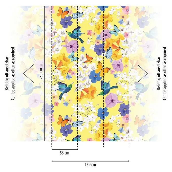 A.S. Création The Wall 2 Fototapete Blumen Vögel Schmetterlinge - B x H: 159 x 280 cm, Vlies - Gelbe Fototapete mit Blumen, Kolibris und Schmetterlingen, mit Größenangaben für Wanddekoration.