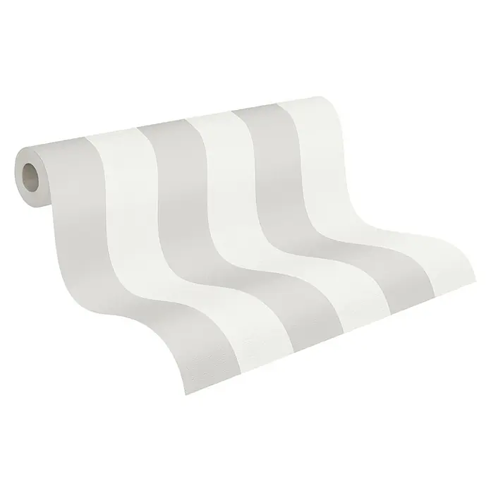 A.S. Création Maison Charme Vliestapete Blockstreifen - Grau-Creme-Weiß, Streifen, 10,05 x 0,53 m - Eine Rolle weißes Toilettenpapier, abgerollt und gewellt, vor schwarzem Hintergrund. Das weiche Papier sorgt für Hygiene.