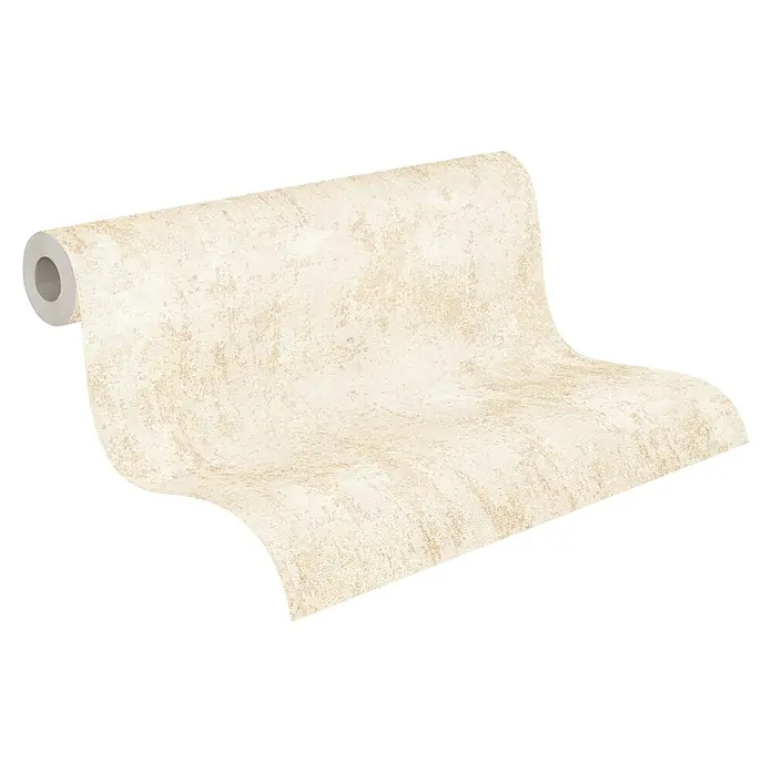 A.S. Création Metropolitan Stories Hot Spots Vliestapete Putzstruktur - Creme-Beige-Metallic, Steinoptik, 10,05 x 0,53 m - Nahaufnahme einer Rolle eleganter Vinyltapete mit einem dezenten, strukturierten Muster in sanften, natürlichen Farbtönen. Ideal für stilvolle Innenräume.