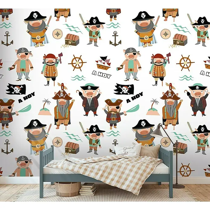 A.S. Création The Wall 2 Fototapete Piraten II - B x H: 159 x 280 cm, Vlies - Dieses Bild zeigt eine Kinderzimmer-Tapete mit einem verspielten Piraten-Schweinchen-Motiv, ideal für ein fantasievolles Kinderzimmer.