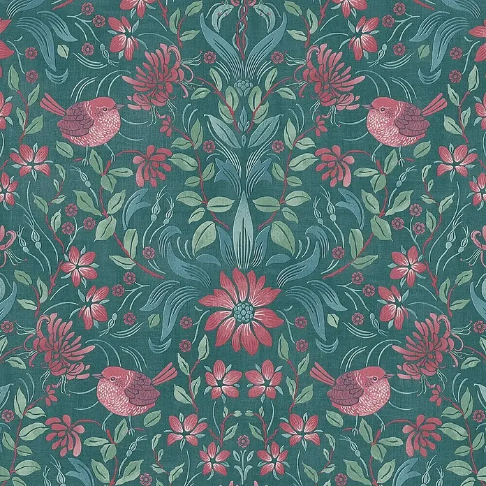A.S. Création Maison Charme Vliestapete Blumen - Dunkelgrün-Pink-Petrol, Floral, 10,05 x 0,53 m - Elegante Tapete mit einem symmetrischen Muster aus Blumen, Blättern und Vögeln in beruhigenden Blau- und Rosatönen für eine stilvolle Wandgestaltung.