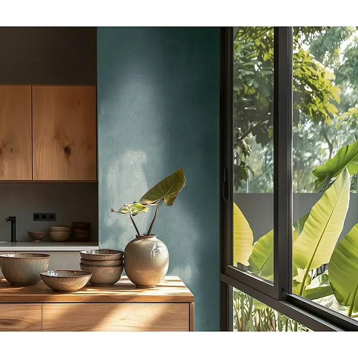 A.S. Création Metropolitan Stories Hot Spots Vliestapete - Blau-Metallic, Uni, 10,05 x 0,53 m - Keramikschalen und eine Vase aus Steingut stehen auf einem Holzschrank und verleihen der Küchendekoration einen Hauch von rustikalem Charme.