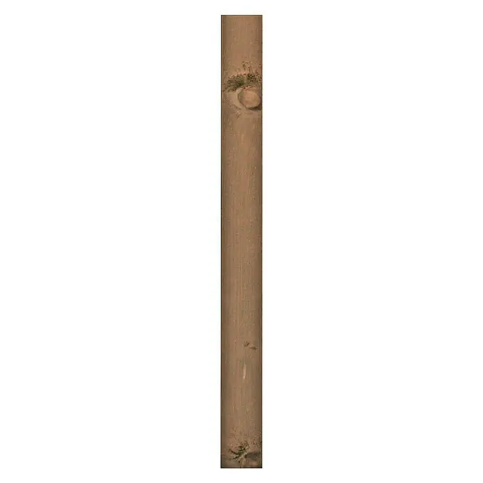 Pfosten Nevada - 9 x 9 x 180 cm, Passend für: Werth Holz Zaunelemente Nevada - Nahaufnahme einer einzelnen, vertikalen Holzstange mit sichtbaren Astknoten und einer braunen Farbgebung.