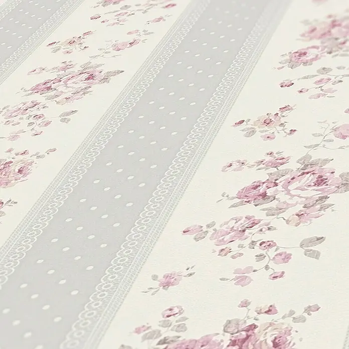 A.S. Création Maison Charme Vliestapete Vertikale Blümchen - Grau-Weiß-Violett, Floral, 10,05 x 0,53 m - Nahaufnahme einer Tapete mit Rosenmuster und gestreiften Akzenten.
