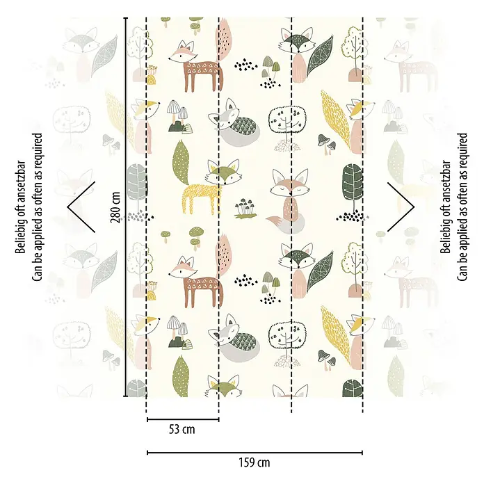 A.S. Création The Wall 2 Fototapete Waldmotive - B x H: 159 x 280 cm, Vlies - Detailansicht der Kinderzimmer-Tapete mit niedlichem Fuchs- und Waldmotiv, 280 cm hoch und 159 cm breit.