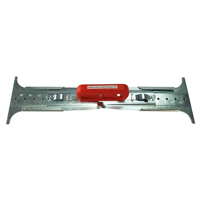 Heka Plattenheber - Verstellbar: 300 mm - 500 mm - Das Bild zeigt ein Werkzeug zum Einstellen des Achsstandes. Es besteht aus Metall und hat einen roten Griff mit der Aufschrift "www.heka-werkzeuge.de".