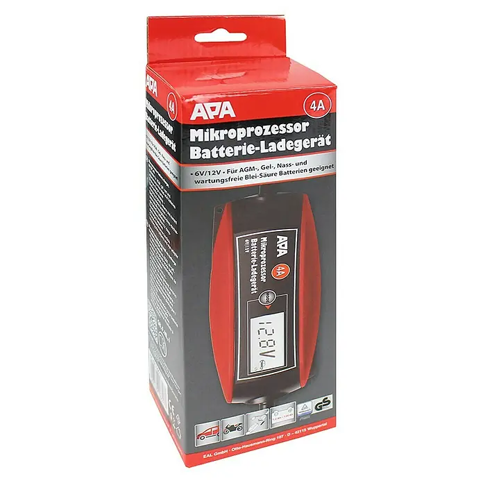 APA Batterie-Ladegerät - Ladestrom: 4 A, Geeignet für: AGM-/Gel-/Nass-/Blei-Säure-Batterien 6/12 V - Produktverpackung für ein APA 4A Mikroprozessor Batterie-Ladegerät, geeignet für 6V/12V AGM-, Gel-, Nass- und wartungsfreie Blei-Säure Batterien.