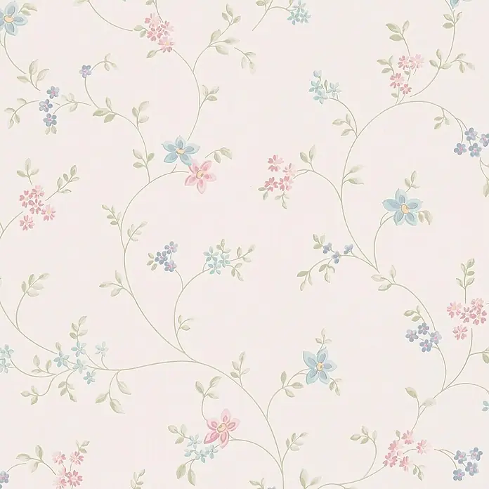 A.S. Création Maison Charme Vliestapete Blümchenranke - Pastellcreme-Grün-Blau, Floral, 10,05 x 0,53 m - Zartes florales Muster mit rosa, blauen und lila Blumen auf cremefarbenem Hintergrund, ideal für Wanddekoration.